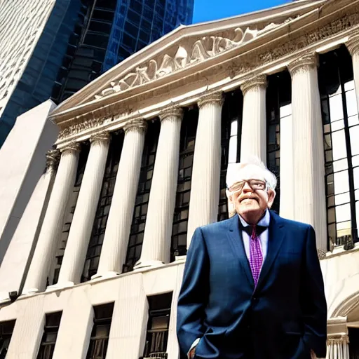 Image similar to warren buffet as thanos standing outside wall street stock exchange, reality, realistic, detailed, 8 k, award winning, wide shot,