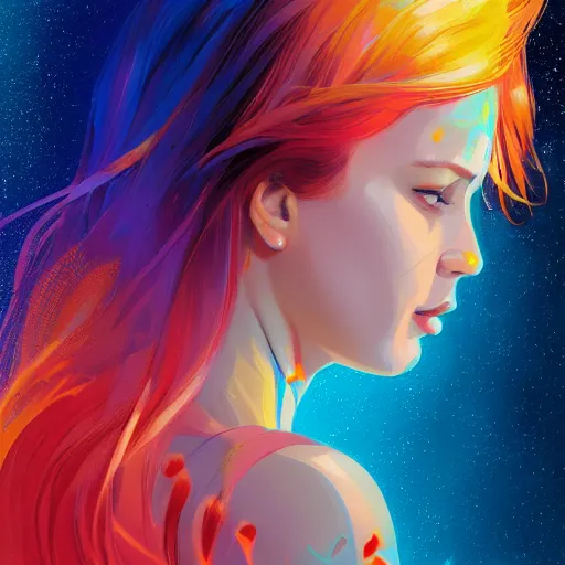 Prompt: half - shaded woman, multicolored hair, surrounded by lightning, cosmic background, with cute - fine - face, pretty face, realistic shaded perfect face, fine details by realistic shaded lighting poster by ilya kuvshinov katsuhiro otomo, magali villeneuve, artgerm, jeremy lipkin and michael garmash and rob rey