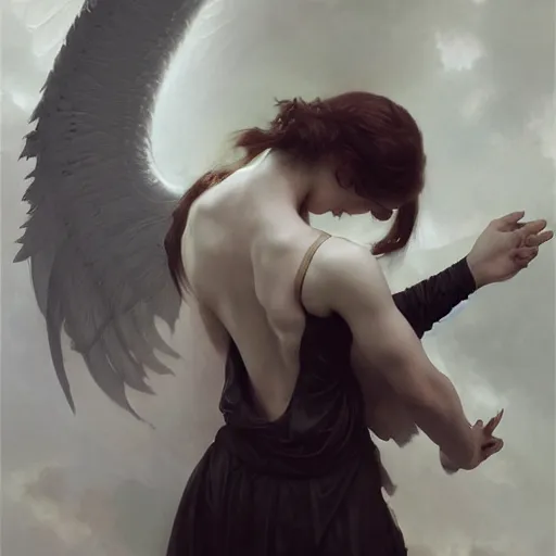 Prompt: Beautiful pale angelic goth girl with angel wings and devil\'s horns, masterpiece 4k digital illustration by Ruan Jia and Mandy Jurgens and Artgerm and william-adolphe bouguereau, highly detailed, trending on artstation, award winning,