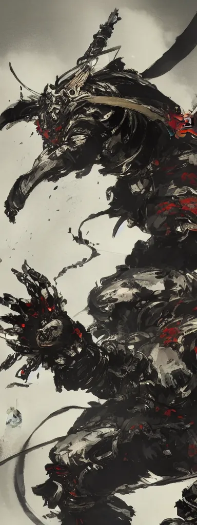 Image similar to Concept art of a dog in samurai armor, surrounded by black smoke, smoky, full body wuxia, Wudang Swordmanship by Chen Uen, art by Yoji Shinkawa, 4k