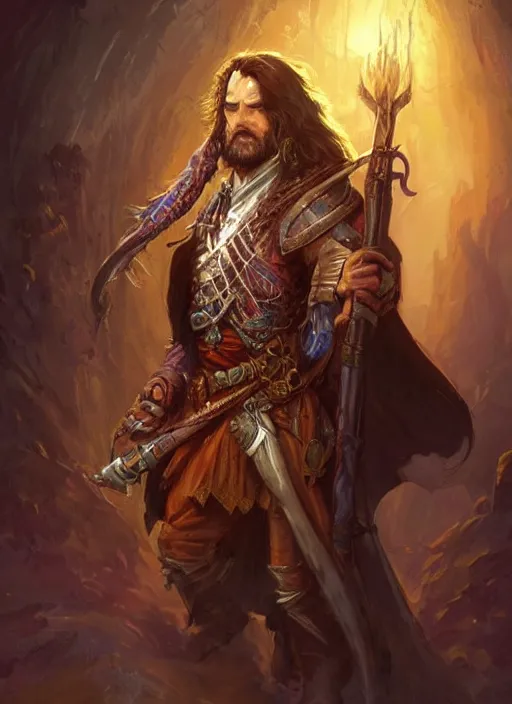 Image similar to charismatic bard, ultra detailed fantasy, dndbeyond, bright, colourful, realistic, dnd character portrait, full body, pathfinder, pinterest, art by ralph horsley, dnd, rpg, lotr game design fanart by concept art, behance hd, artstation, deviantart, hdr render in unreal engine 5