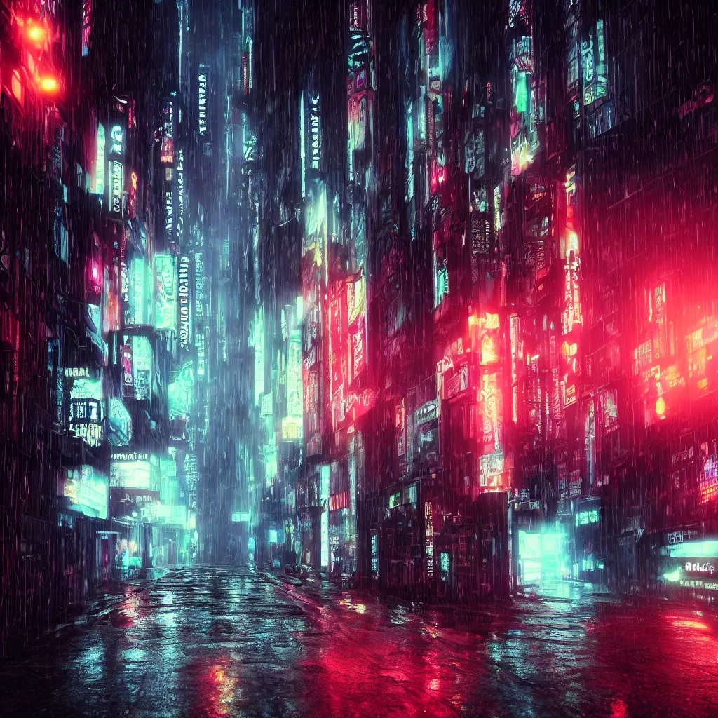 Image similar to dark city street in the rain, neon lights, cyberpunk, year 2 0 9 9, blade runner, octane render, 4 k