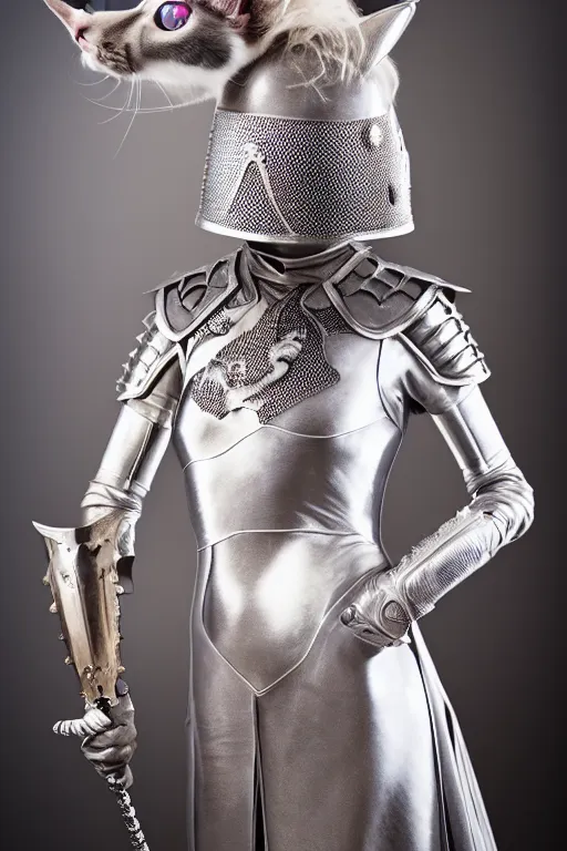 Image similar to female knight wearing a real cat on her head, armor designed by wayne barlowe, swarovski and tiffany, blonde hair, symmetry, sci - fi, cinematic, elegant, luxury, perfect light, perfect composition, dlsr photography, sharp focus, dark fantasy, 8 k, ultra hd, sense of awe, highly detailed, realistic, intricate