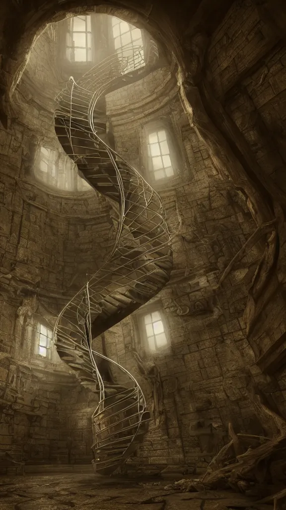 Image similar to a winding spiral staircase leading to a tendril-covered sanctum in the sky, volumetric lighting, unreal engine 5, harrowing apocalyptic atmosphere, photorealistic, unnerving, hyperdetailed 3d matte painting, hyperrealism, hyperrealistic, cinematic masterpiece, fantasy horror style 8k ultrahd octane render