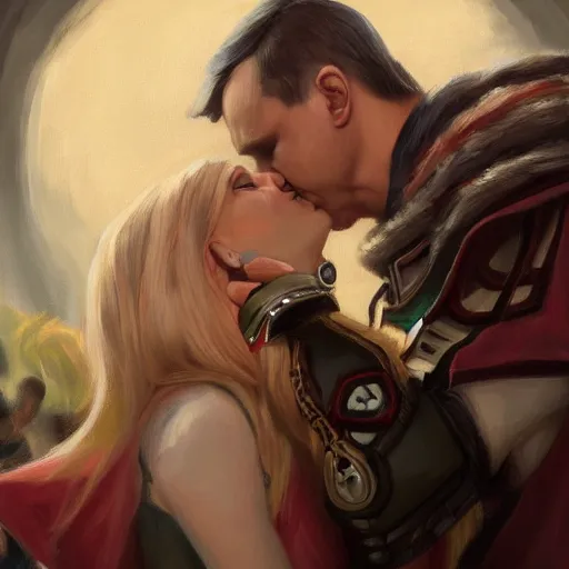 Image similar to Portrait of Sylvanas Windrunner and Adolf Hitler kissing, cinematic shot, trending on artstationhq, oil on canvas