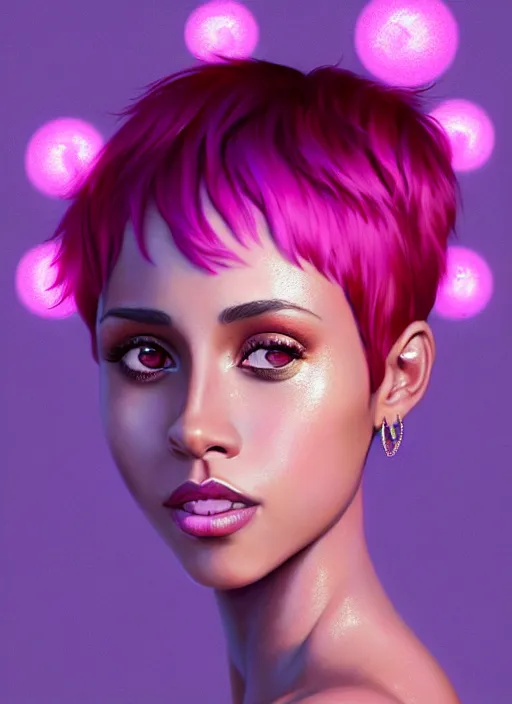 Image similar to portrait of vanessa morgan with bright pink hair, curly pixie cut hair, wearing a purple breton cap, breton cap, hoop earrings, intricate, elegant, glowing lights, highly detailed, digital painting, artstation, concept art, smooth, sharp focus, illustration, art by wlop, mars ravelo and greg rutkowski