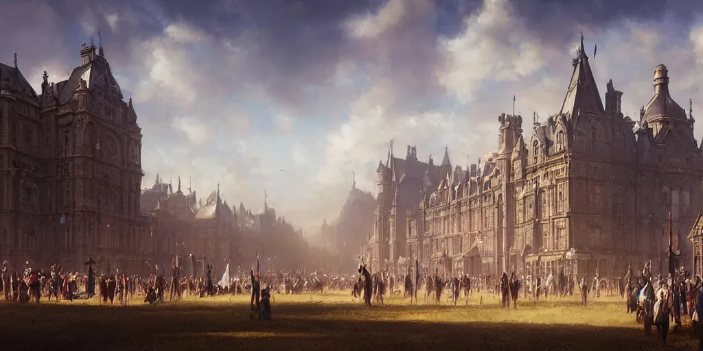 Prompt: portrait of a victorian parade ground, blue sky, volumetric, well lit, victorian, detailed, realistic, digital art by greg rutkowski and jordan grimmer
