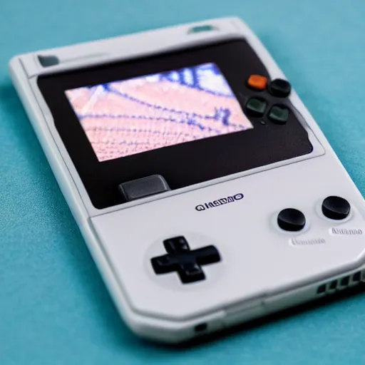 Prompt: photo of a gameboy with game on the screen, product shot, hdr sharp and detailed