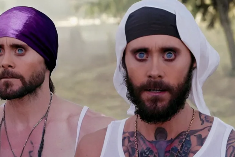 Image similar to medium full shot of jared leto as a white gang member wearing a purple head covering made from a polyester or nylon material and a white tank top sliding on a opp in the new movie directed by ice cube, movie still frame, arms covered in gang tattoo, promotional image, critically condemned, top 1 5 worst movie ever imdb list, public condemned, relentlessly detailed