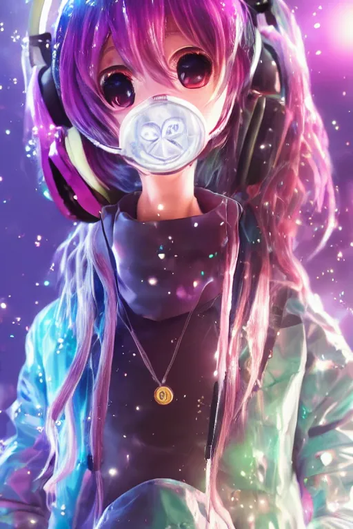 Image similar to portrait of an 3d anime character with cute sparkly eyes wearing a holographic hoodie and headphones, long hair with pastel colors, wearing a cute face gas mask in a still of code vein by Kurumi Kobayashi Koichi Itakura, 3d anime, octane render, dynamic dramatic lighting, with glitch and chromatic abbreviations, artstation, cgsociety, imaginefx, by anime concept artist, rendered in unreal engine, by WENJR, WLOP, artgerm