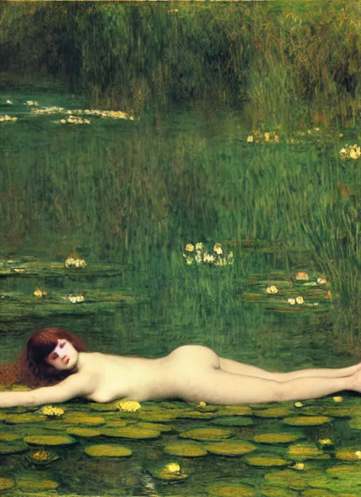 Prompt: lady laying on the river bed amongst the duck weed, underwater shot, submerged, medium shot, on the bed of the river, portrait by john william waterhouse, rosetti, monet, william holman hunt, 8 k