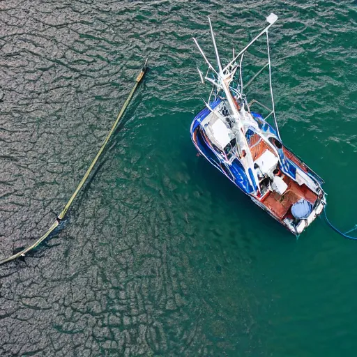 Prompt: uk registered fishing vessel, trawler, fishing, boat, aerial photo