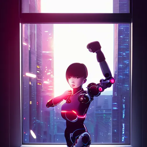 Prompt: beautiful cyborg girl punching through a large reflective window, window reflections, reflective, mirror reflection, refractions on lens, full round face, biomechanical details, cyberpunk anime art, full body shot, lens flare, wlop, ilya kuvshinov, artgerm, krenz cushart, greg rutkowski