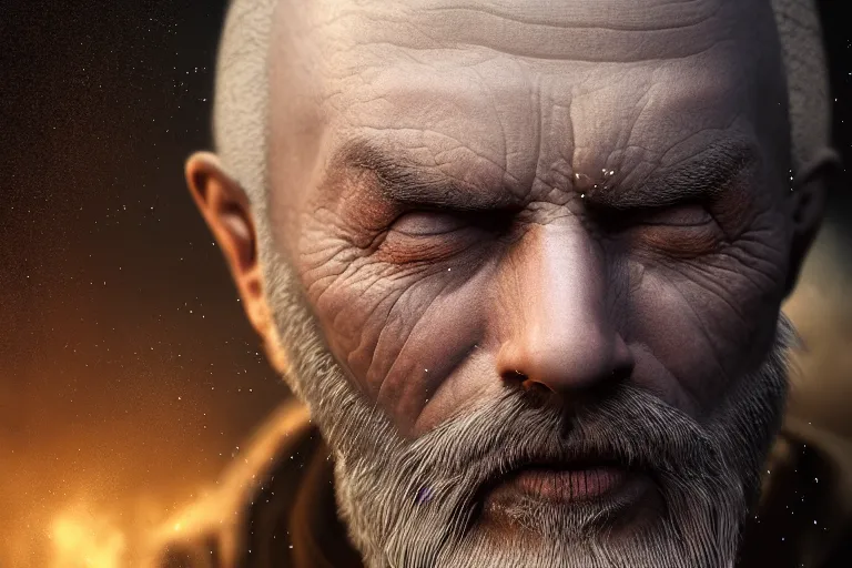 Image similar to an ultra realistic cinematic close up headshot portrait of an evil wizard, background of a vast serene landscape with trees and rivers, detailed, deep focus, movie still, dramatic lighting, ray tracing, by michal karcz and yoshitaka amano