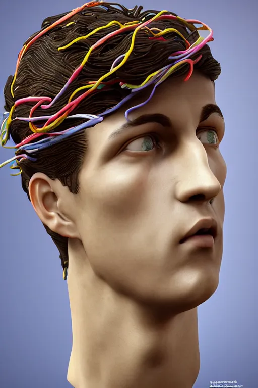 Image similar to a beautiful porcelain Baroque style bust of handsome young Spanish man with colored pipecleaners coming out of the neck suspended in space, photorealism, octane render, depth of field, 8k, 35mm, artgem, Trending on artstation