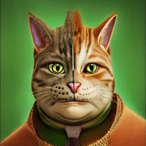 Prompt: hybrid of cat and shrek, half shrek - half cat, digital art, photo realistic, highly detailed, art by george stubbs, anton fadeev, james gurney, ilya kuvshinov