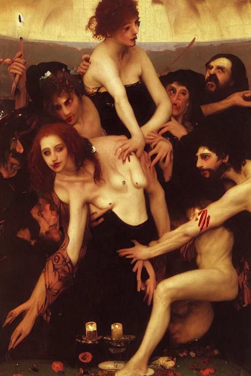 Prompt: a renaissance oil painting by alma tadema of demonic beautiful vampire woman mistress of death mourning widow running in fear from a group of muscular gigachad men, faint smile dark lipstick, dark lit candles, colourful pastel trending artstation, detailed portrait academic bouguereau caravaggio high shadow contrast medium shot