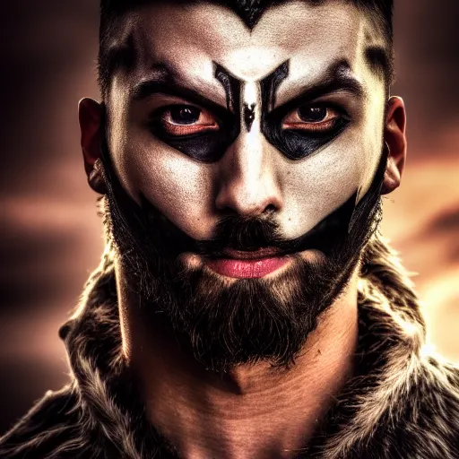 Image similar to portrait of a male warrior with half face-half mask ,fantasy, D&D, HDR, natural light, dynamic pose, award winning photograph, 8k, Mucha style,