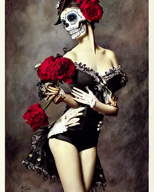 Image similar to a cute Día de los Muertos girl posing by Annie Leibovitz, Poster art by J. C. Leyendecker