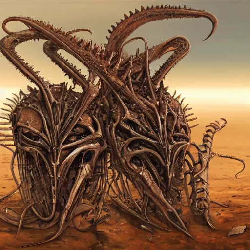 Prompt: conjoined demon twins sitting in a desert holding knives by Yoshitaka Amano, by HR Giger, biomechanical, 4k, hyper detailed, hyperrealism, anime, a Broken World demons flying overhead, red sky, deviantart, artstation