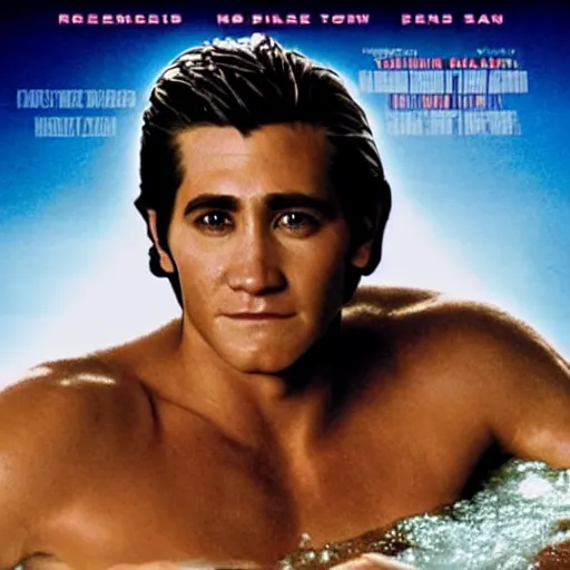 Image similar to a movie poster of Jake Gyllenhaal as patrick Swayze sitting in a hot tub in the movie Road House