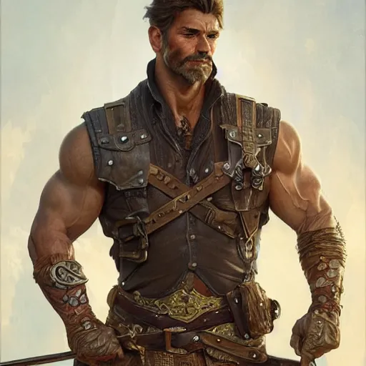 Prompt: portrait of a young, ruggedly handsome ranger, muscular, half body, leather, smirk, fantasy, intricate, elegant, highly detailed, digital painting, artstation, concept art, smooth, sharp focus, illustration, art by artgerm and greg rutkowski and alphonse mucha