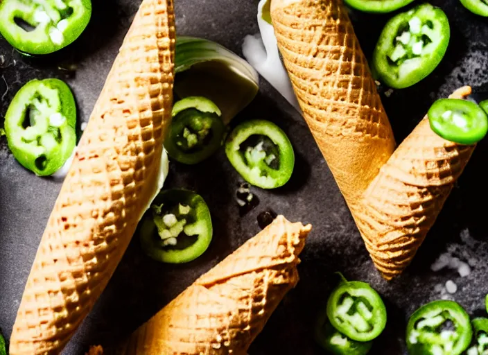 Image similar to dslr food photograph of ice cream cone with sliced jalapeno topping, 8 5 mm f 1. 8