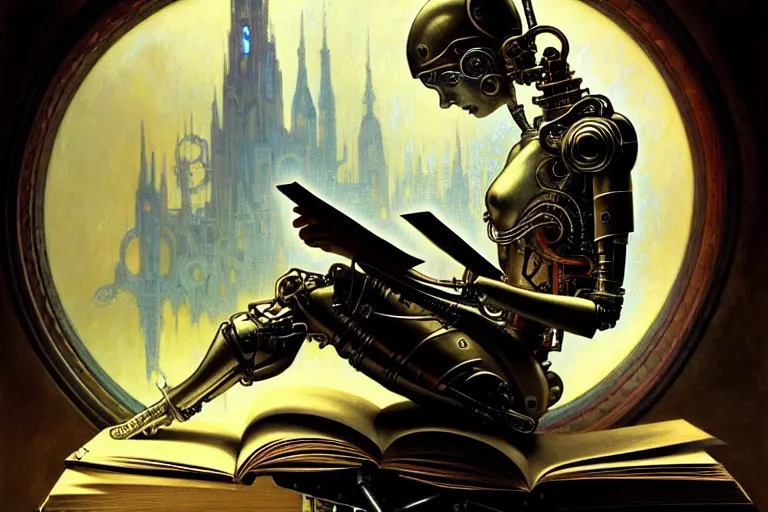 Prompt: a cyborg reading an old book, fantasy, futuristic, intricate, elegant, dramatic lighting, highly detailed, lifelike, photorealistic, digital painting, artstation, concept art, smooth, sharp focus, illustration, art by robert henri and john blanche and paul dainton and albert aublet and artem demura and alphonse mucha