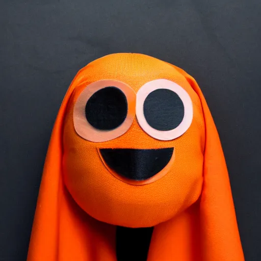 Image similar to an orange fruit character, little black eyes, wearing a superhero cape