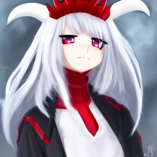 Image similar to white hair, red eyes, two small horn on the head, anime style, anime girl