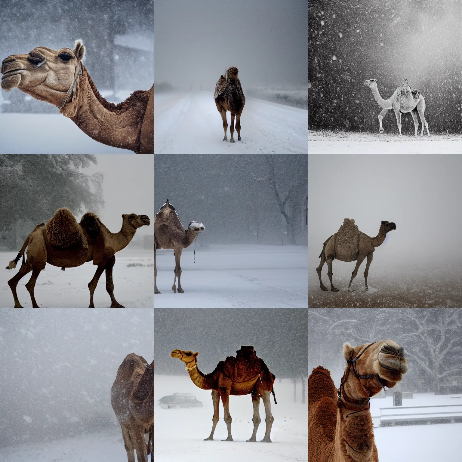 Prompt: a camel during a blizzard, snow storm, whiteout, snow