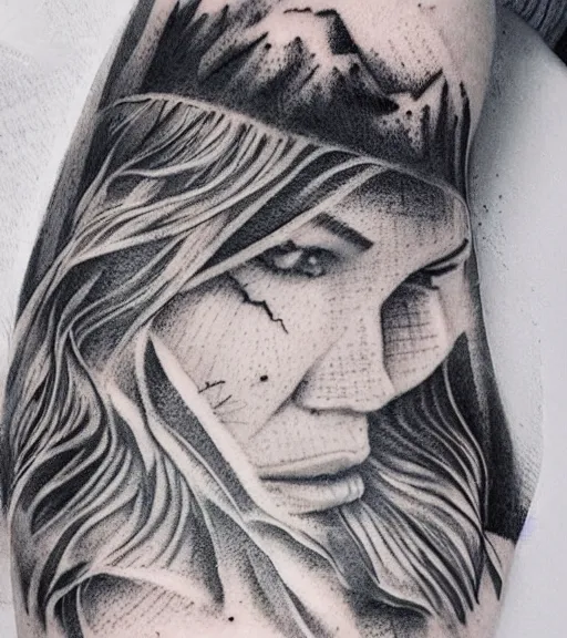 Image similar to tattoo design sketch of a double exposure of a beautiful mountain scenery with a faded beautiful woman face, hyper - realistic, double exposure effect, in the style of matteo pasqualin, amazing detail, black and white, faded