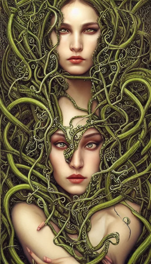 Image similar to very detailed portrait of a 2 0 years old girl surrounded by tentacles, the youg woman visage is blooming from fractal and vines, by karol bak