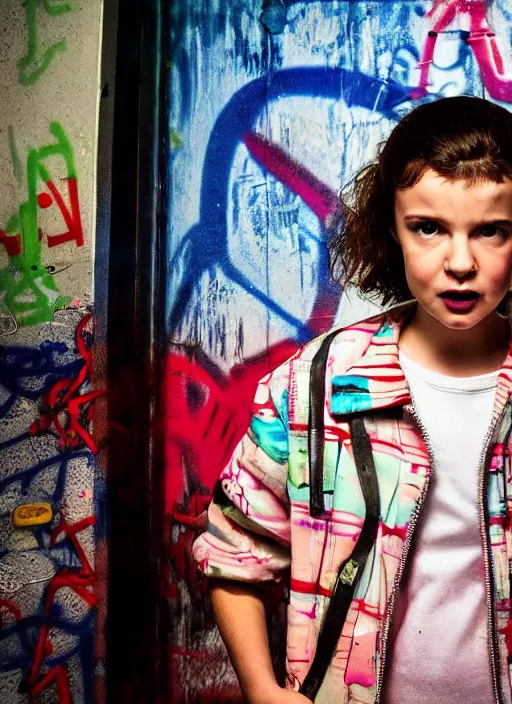 Prompt: Chrissy from stranger things in an abandoned trailer school, graffiti, trash, photo, colorful image