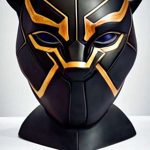 Prompt: a real - world sculpture bust of the black panther marvel character, made of highly polished walnut wood, polished, cedar, polished tiger - wood. photograph, photographic, 3 5 mm