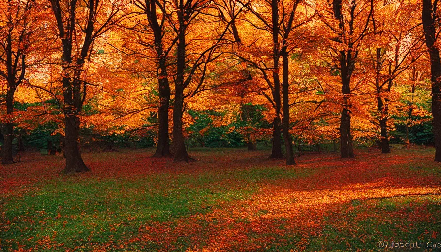 Image similar to maple trees, autumn, new jersey, northwest, farm, cinestill 8 0 0 t 3 5 mm 1 9 8 9, technicolor, heavy grain, high quality, high detail, warm light