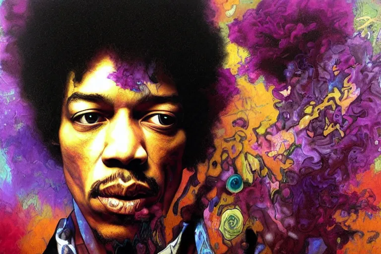 Prompt: A Weirdcore Mesmerizing 8k hyperrealistic Photo Portrait jimi hendrix transforming into a purple haze, soft, sharp focus, detailed, painted by Caravaggio, Greg rutkowski, Sachin Teng, Thomas Kindkade, Alphonse Mucha, Norman Rockwell, Tom Bagshaw