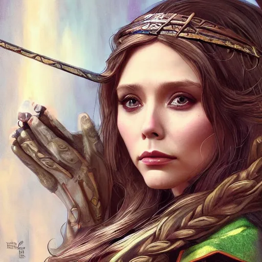 Image similar to Elizabeth Olsen as a elf archer, cute, fantasy, intricate, elegant, highly detailed, centered, digital painting, artstation, concept art, smooth, sharp focus, illustration, art by artgerm and H R Giger and alphonse mucha