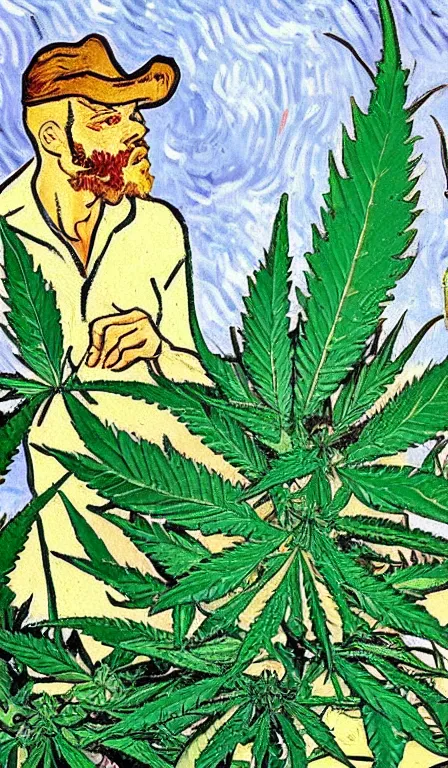 Prompt: devil spreads his hands against the background of growing cannabis. an oil painting in the style of van gogh