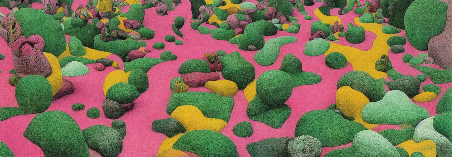 Image similar to a rock garden filled with pink rabbits, by m. c. escher, yellow, green, red, snowy, ultra sharp, ultra detailed, cyberpunk, happy, uplifting, colorized by salvador dali