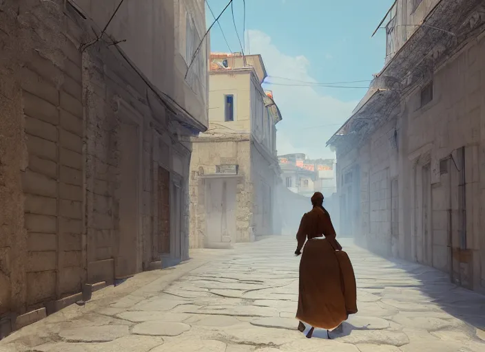 Image similar to a woman in a fed skirt walking the narrow streets of athens, painted by, mc escher, gordon onslow ford, georgia o'keeffe and ivan aivazovsky, cinematic light, god rays, colourful, unreal engine, zbrush central,