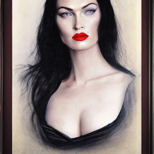 Image similar to upper body portrait megan fox as morticia addams by female adventurer by alfred stevens