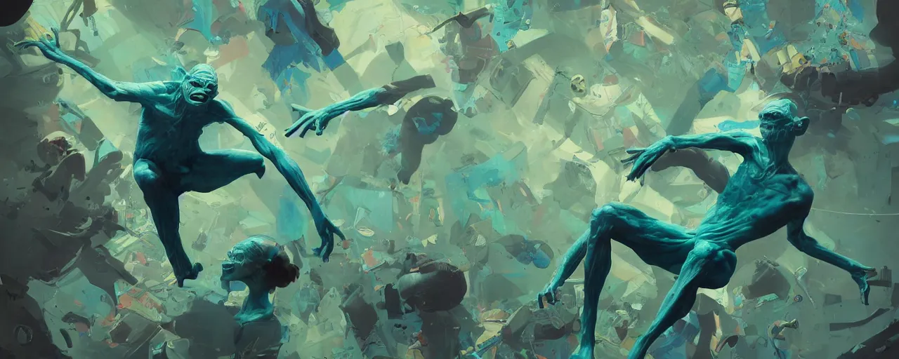 Image similar to duotone green blue illustration 3 / 4 portrait of gollum dancing like crazy. dynamic chaotic composition accidental renaissance golden ratio. by sachin teng and sergey kolesov and ruan jia and heng z. graffiti art, scifi, fantasy, hyper detailed. octane render. concept art. trending on artstation