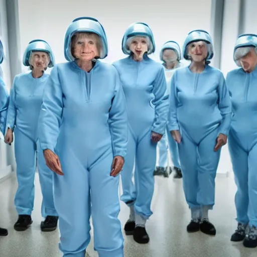 Image similar to troop of grannies with white bob hairdos, tight light blue neopren pilot suits, futuristic cloning facility, sci - fi, highly detailed, cinematic