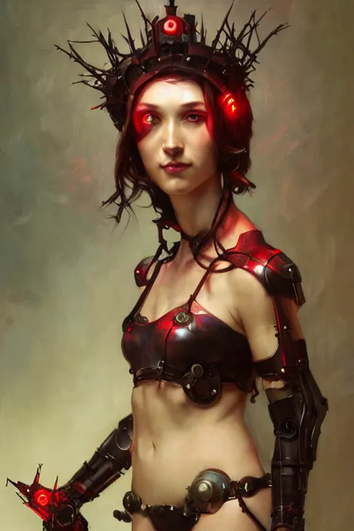 Image similar to Portrait of beautiful pale smiling cyborg maiden in bikini armor with crown of thorns and glowing red eyes, steampunc, Warhammer 40000, digital art from artstation by Ruan Jia and Mandy Jurgens and Artgerm and william-adolphe bouguereau