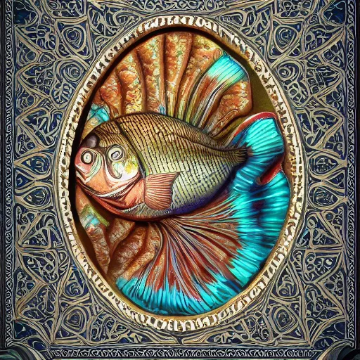 Image similar to hyperrealistic side portrait of a beautiful fish, intricate ornamental gothic rococo designs, heavily decorated,