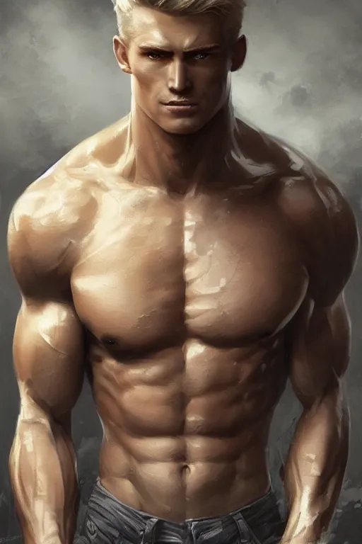 Image similar to Incredibly handsome muscular man, 23 years old, with chiseled jawline, blonde hair, blue eyes by Nuri iyem, James gurney, James Jean, Greg Rutkowski, highly detailed, trending on artstation, artstationHD, artstationHQ, 4k, 8k