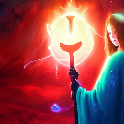 Image similar to red headed woman dressed in dark blue wizard robes holding a wooden staff covered in glowing red runes topped with a glowing gem. background of snowy mountains. fantasy painting.