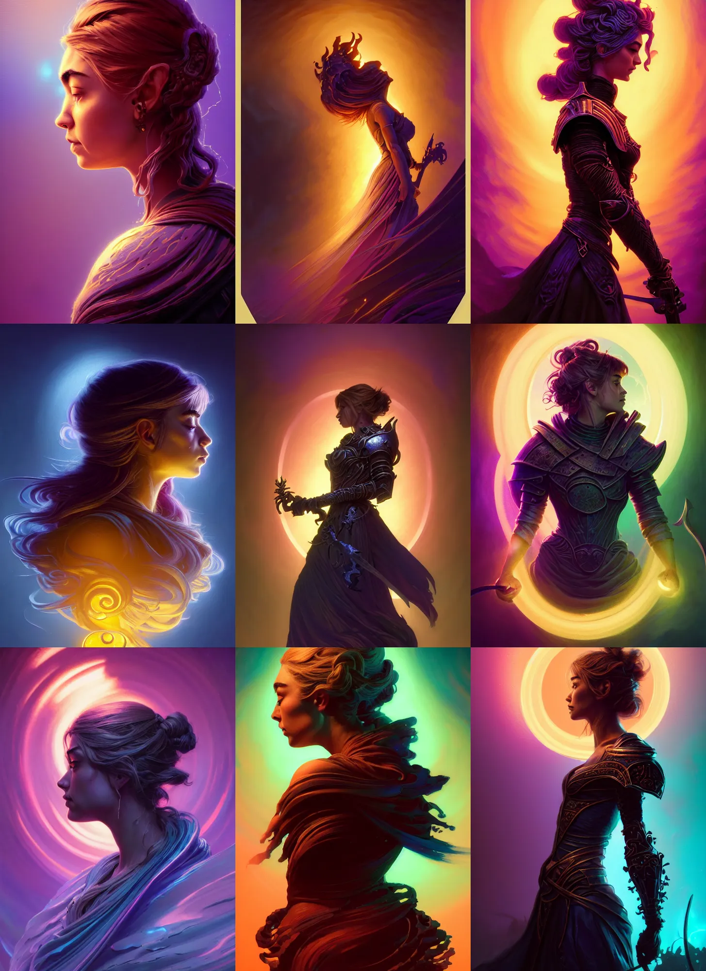 Prompt: side portrait, imogen poots deathknight, gloomhaven, soft, smooth, luminescent, art nouveau tarot, backlit glow, colorful swirly ripples, gaudy colors, aesthetic octane render, unreal engine, 8 k, by greg rutkowski, jesper ejsing, rhads, ilya kuvshinov, cushart krenz