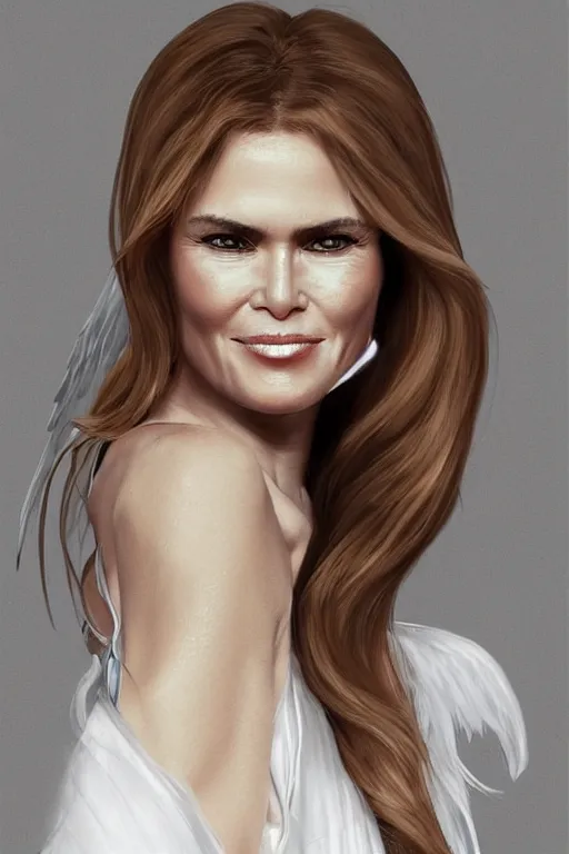 Prompt: portrait of a mix of young maria shriver, mariel hemmingway, melania trump and elle macpherson as an angel, thin lips, hair tied up in a pony tail, white, vine, artstation, cgsociety